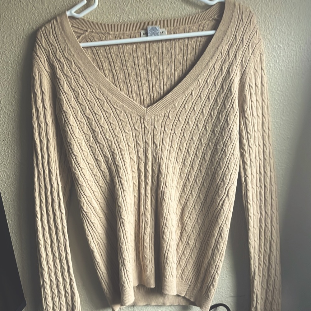 Beige V-Neck Knit Sweater